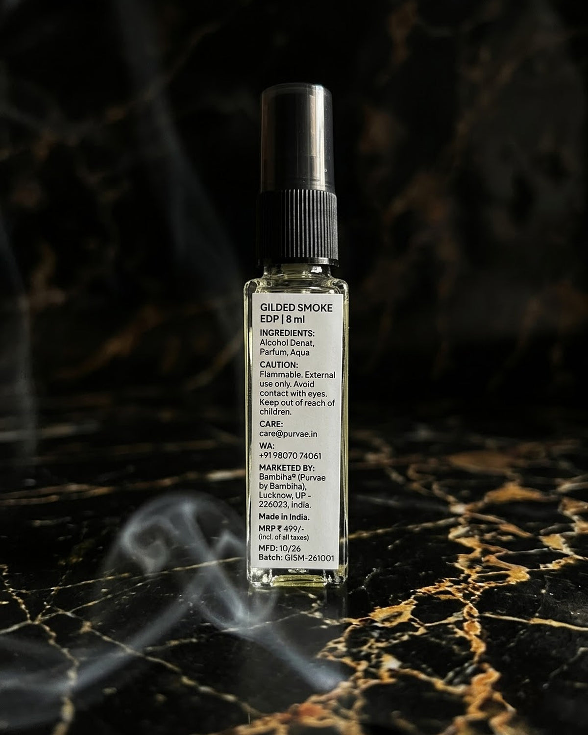 Gilded Smoke back label with ingredients, MRP and batch
