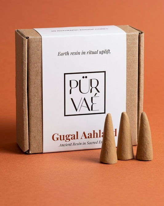 Purvae Gugal Aahlaad dhoop cones, box of 40, with three cones in front of the box