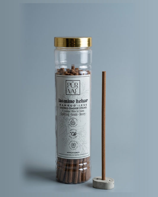Purvae Jasmine Lehar bambooless dhoop sticks in a 200 g clear jar with a stick in its cement holder
