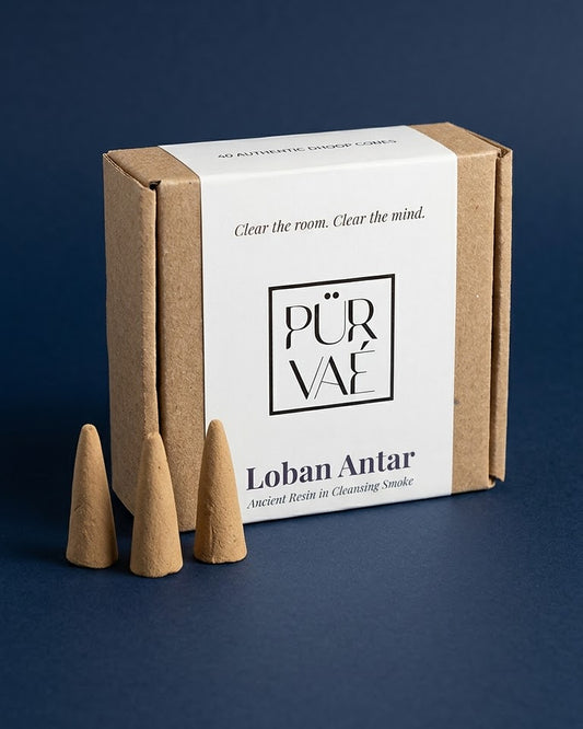 Purvae Loban Antar dhoop cones, box of 40, with three cones in front of the box