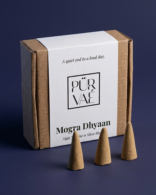 Purvae Mogra Dhyaan dhoop cones, box of 40, with three cones in front of the box
