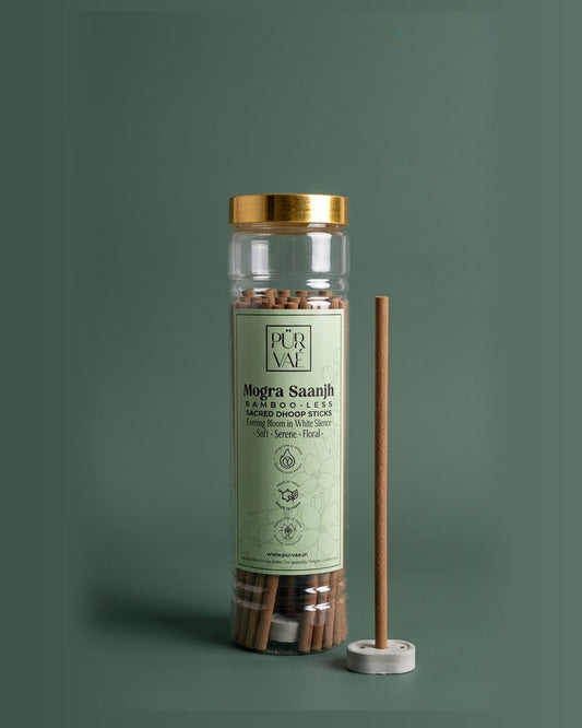 Purvae Mogra Saanjh bambooless dhoop sticks in a 200 g clear jar with a stick in its cement holder