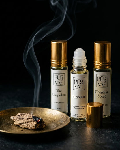 Night Trio parfum oils beside a smouldering oud chip on a brass dish, with the Resolute roller ball showing