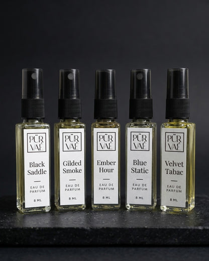Root Five set: five Purvae eau de parfum 8 ml bottles on black stone
