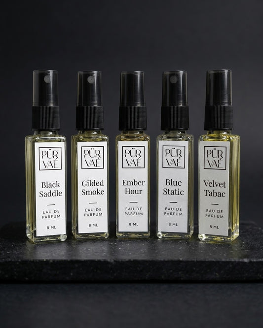 Root Five set: five Purvae eau de parfum 8 ml bottles on black stone