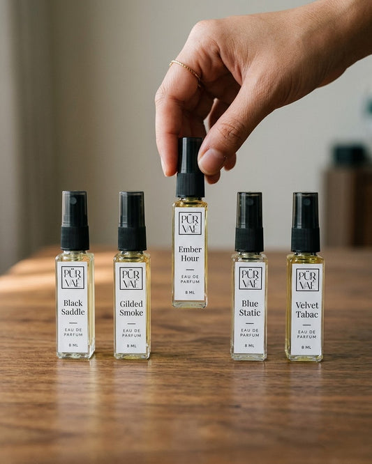 A hand choosing Ember Hour from the five Root Five bottles