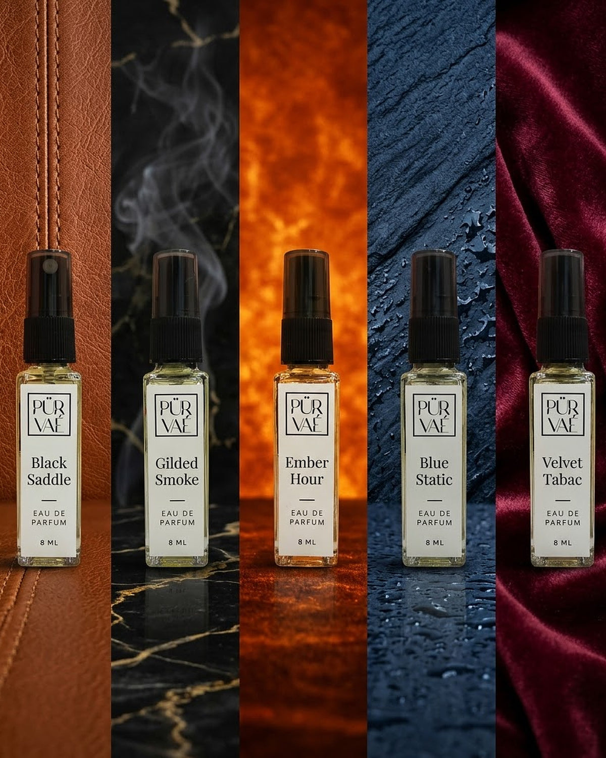 Root Five: five bottles, each in its own world of leather, smoke, ember, slate and velvet