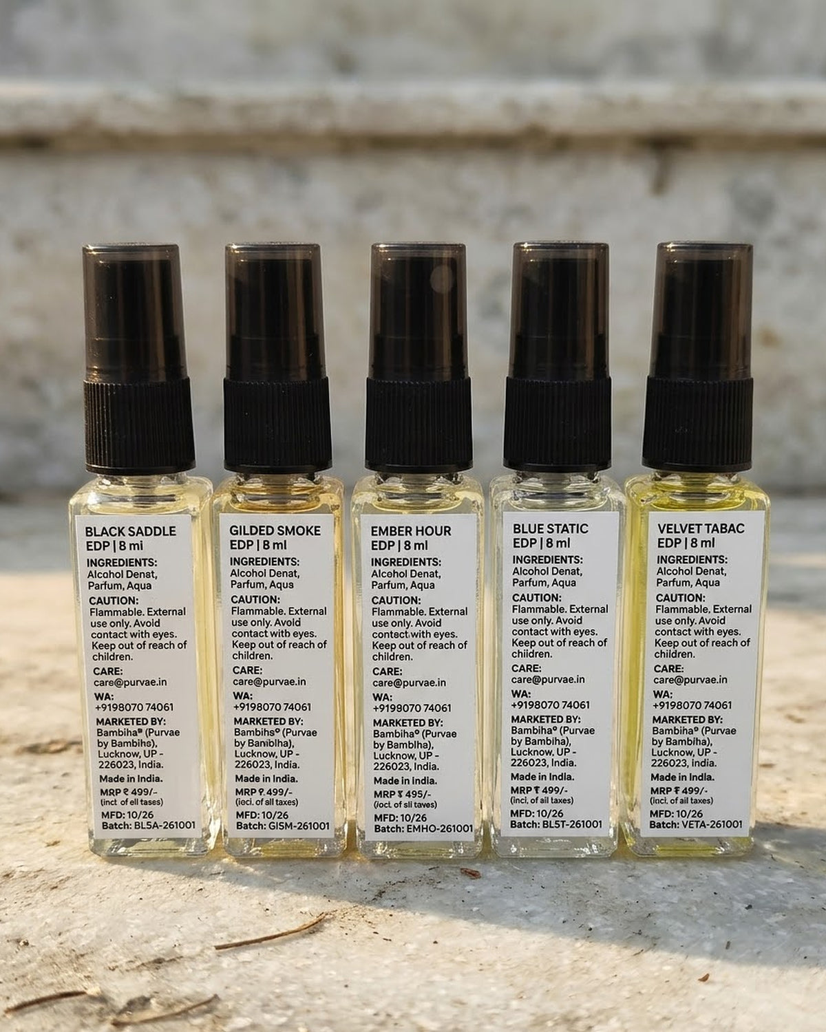 Back labels of the five Root Five bottles with ingredients and MRP