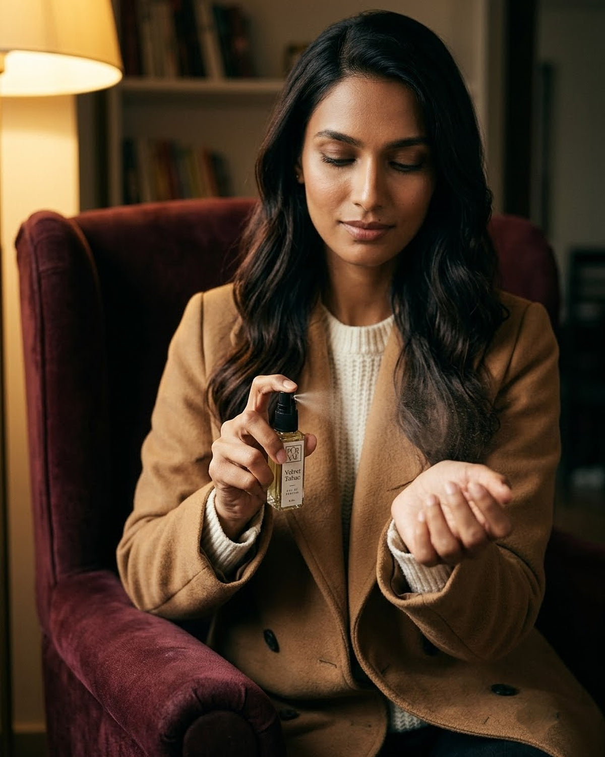 Woman in a camel coat spraying Velvet Tabac on her wrist