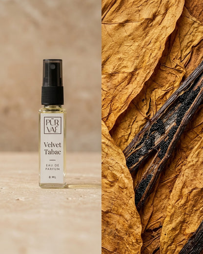 Velvet Tabac beside cured tobacco leaves and vanilla: the notes at a glance