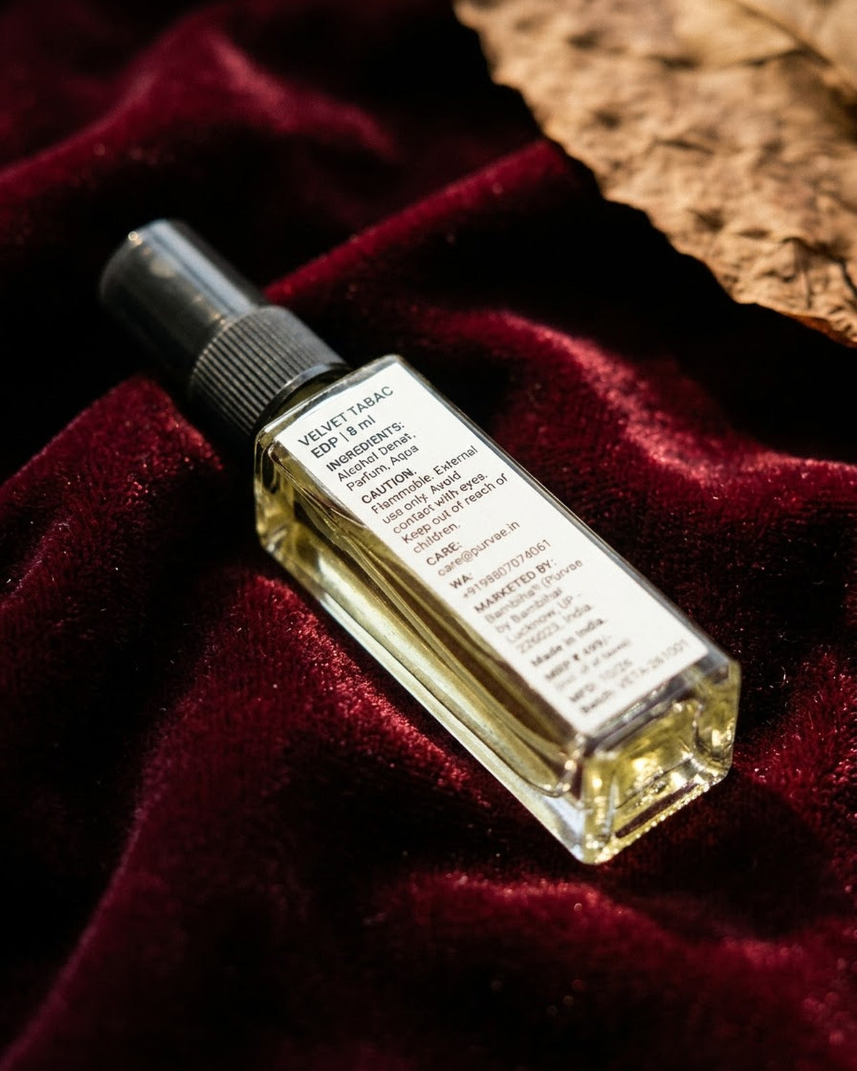 Velvet Tabac back label with ingredients, MRP and batch