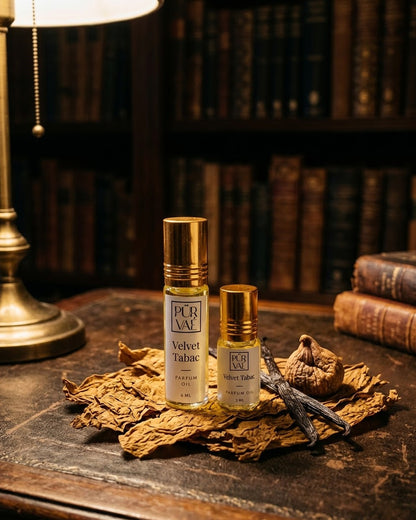 Velvet Tabac parfum oil 6 ml and 3 ml together in a warm tobacco and vanilla setting