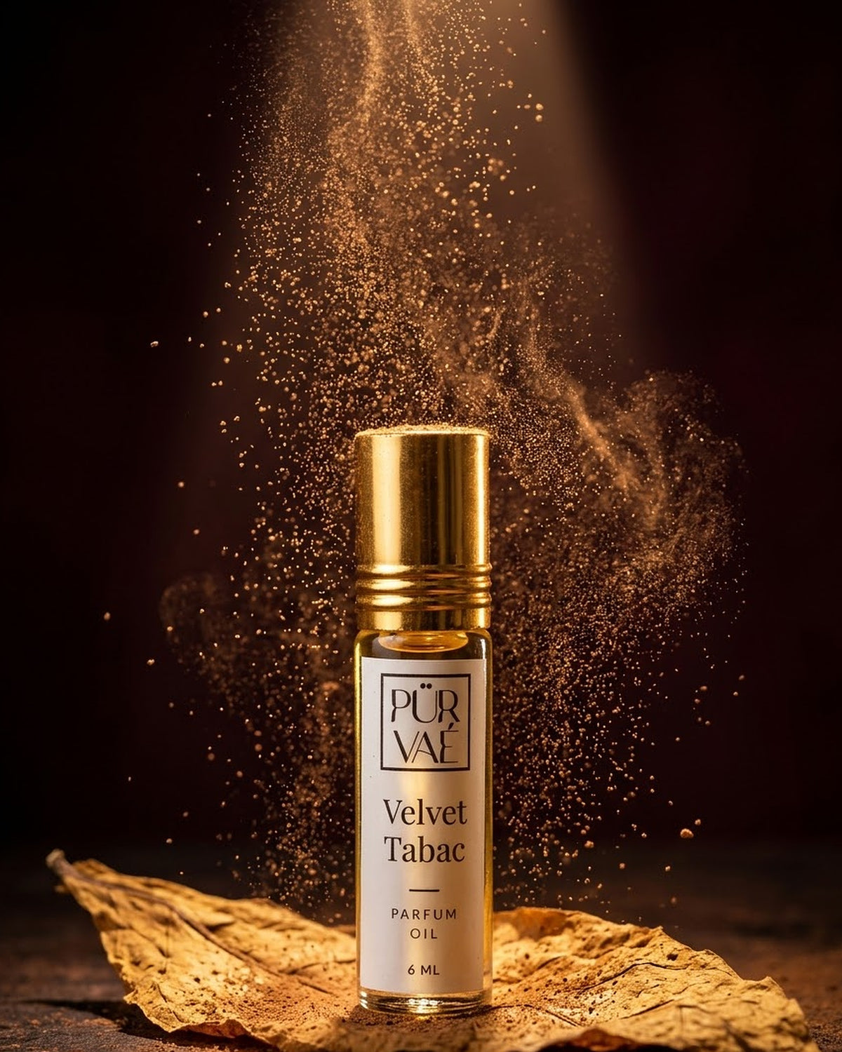 Cocoa dust in a lamp beam for Velvet Tabac parfum oil