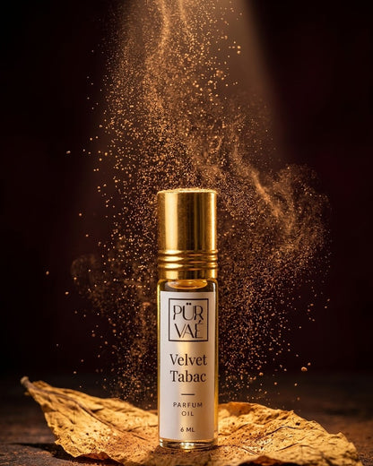 Cocoa dust in a lamp beam for Velvet Tabac parfum oil