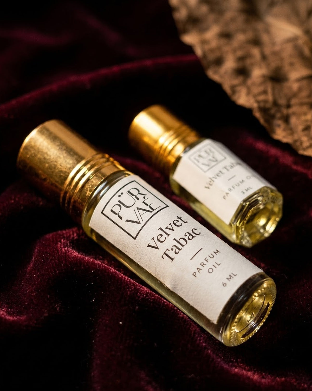 Close-up of the Velvet Tabac parfum oil front label